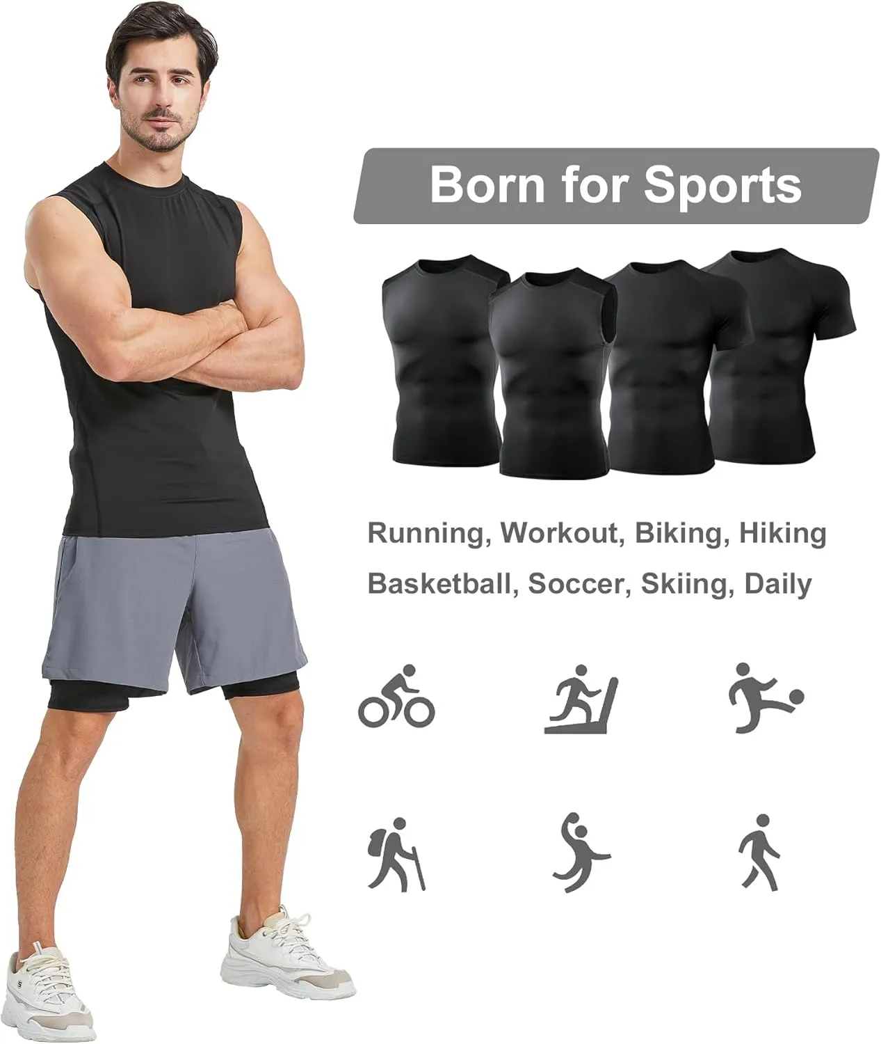 4 Pack Compression Shirts and Tank Tops Men Short Sleeve/Sleeveless Athletic Undershirt for Sport