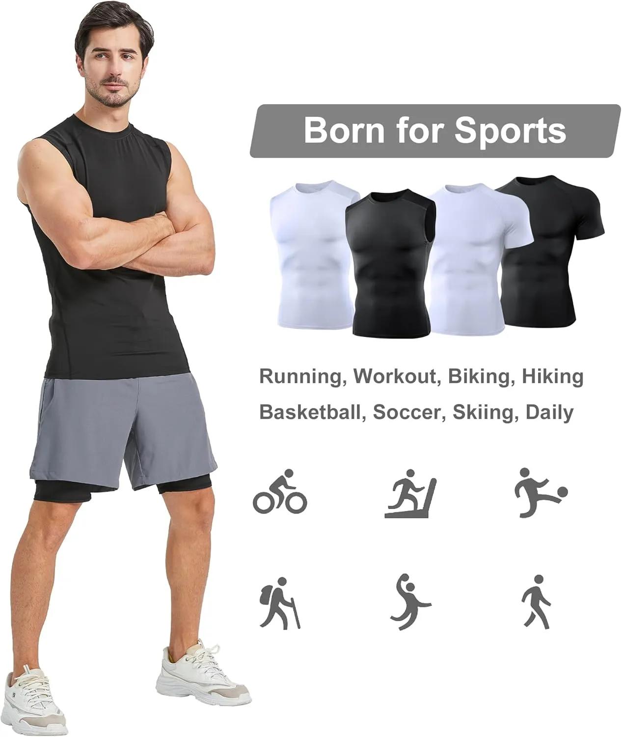 4 Pack Compression Shirts and Tank Tops Men Short Sleeve/Sleeveless Athletic Undershirt for Sport