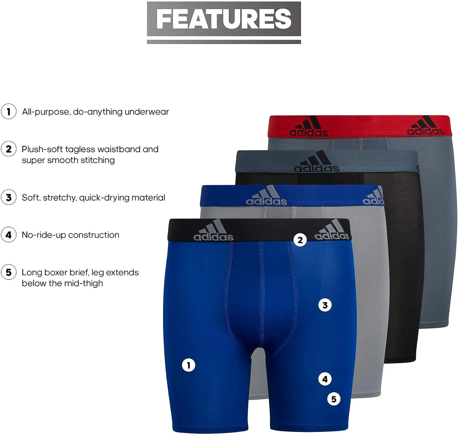 adidas Boys' Athletic Fit Microfiber Long Boxer Brief Underwear Designed for Active Sport and All Day Comfort (4 Pack)