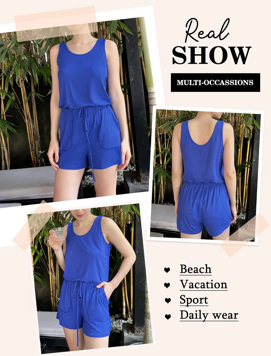 ADOME Rompers for Women Summer Sleeveless Scoop Neck Tank Top Casual Short Jumpsuit Rompers with Pockets