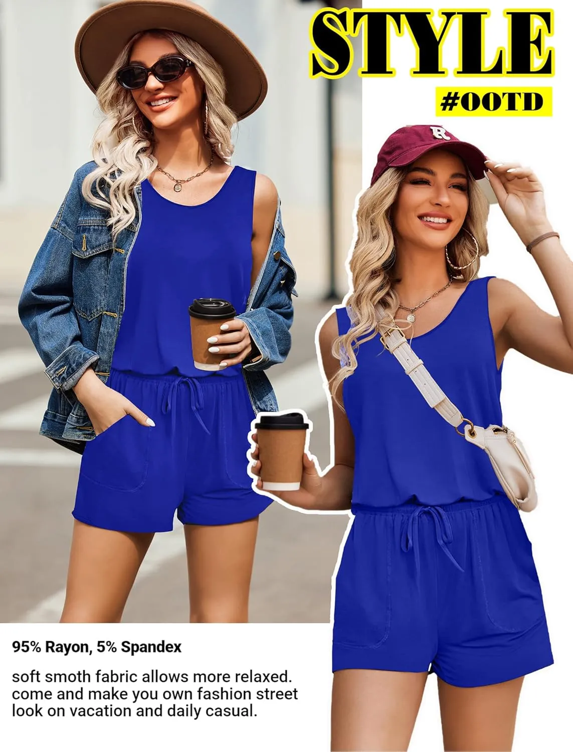 ADOME Rompers for Women Summer Sleeveless Scoop Neck Tank Top Casual Short Jumpsuit Rompers with Pockets