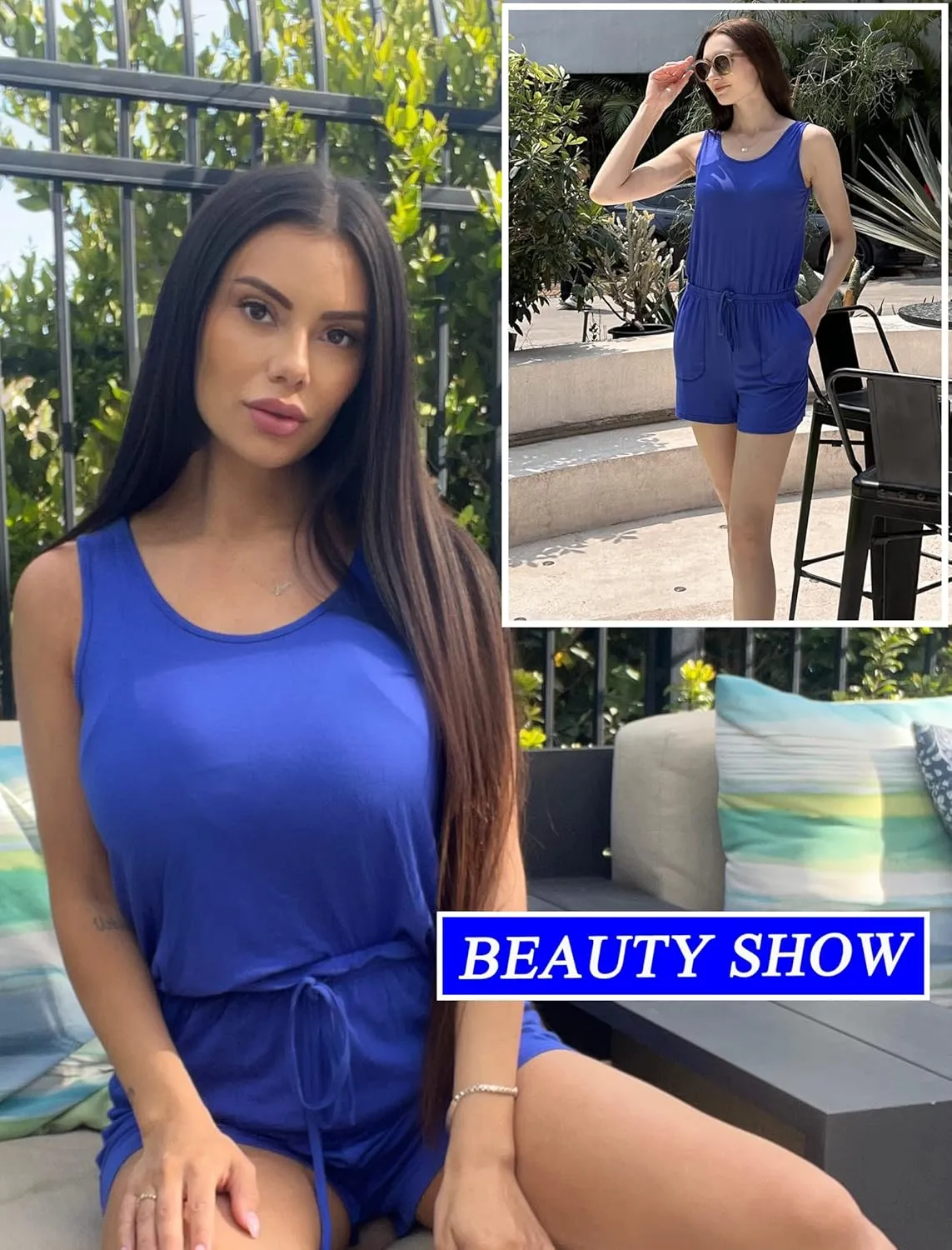 ADOME Rompers for Women Summer Sleeveless Scoop Neck Tank Top Casual Short Jumpsuit Rompers with Pockets