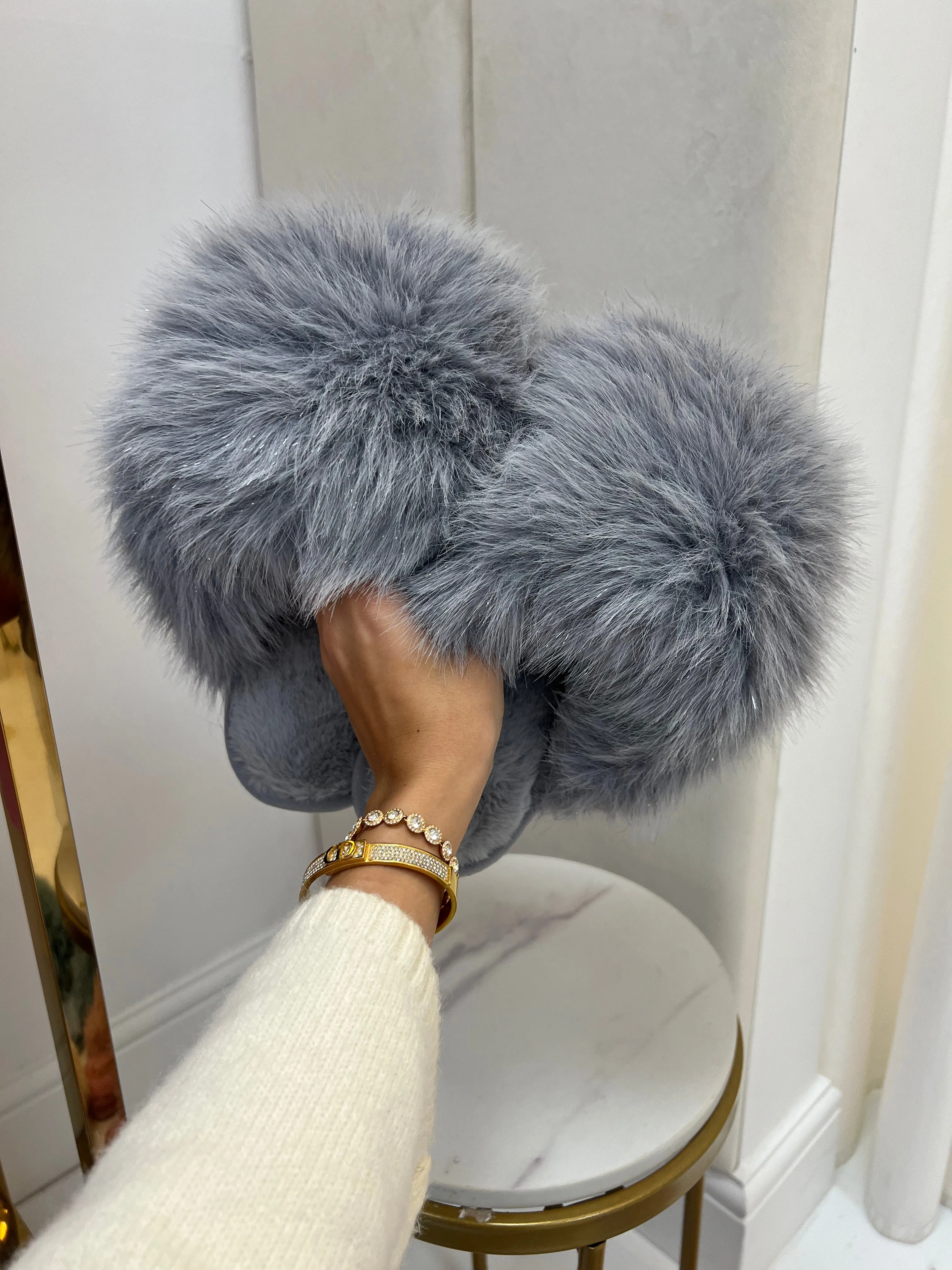 Angelica Grey Glitter Faux Fur Super Fluffy Slider Slippers