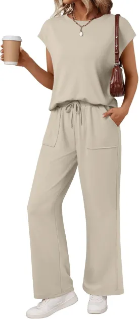 AUTOMET Women's 2 Piece Lounge Set Casual Cap Sleeve Top Wide Leg Pants Summer Vacation Outfits