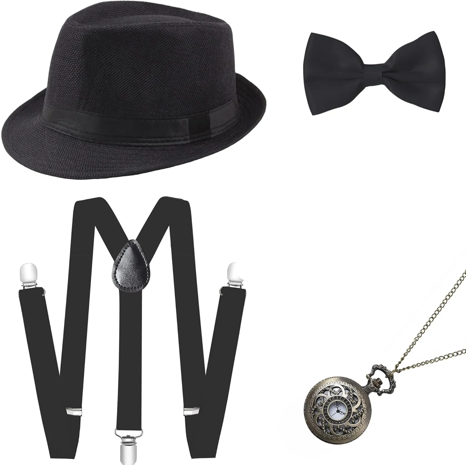 BABEYOND 1920s Mens Gatsby Gangster Accessories Set Panama Hat Suspender Bow Tie