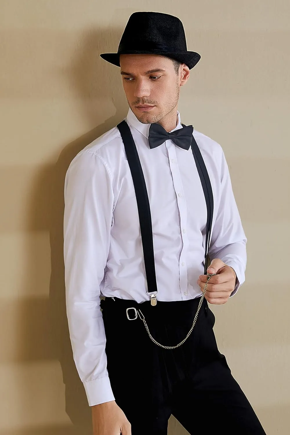 BABEYOND 1920s Mens Gatsby Gangster Accessories Set Panama Hat Suspender Bow Tie