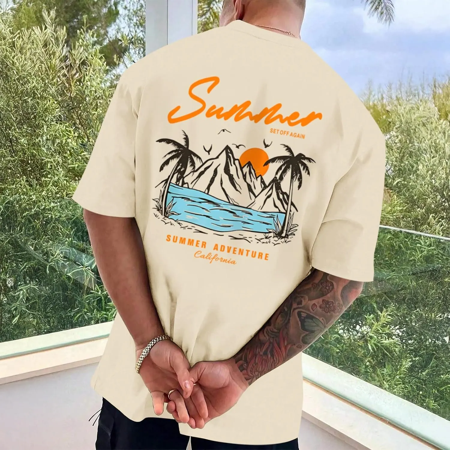 Tuislay Mens Graphic t-Shirts Casual Oversized Letter Print Beach Shirts Baggy Cotton Short Sleeve Tshirt Summer tee Top