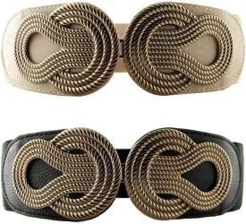VOCHIC 2pcs Vintage Basic Stretchy Elastic Wide Waist Belt for Womens Dress Metal Interlock Buckle