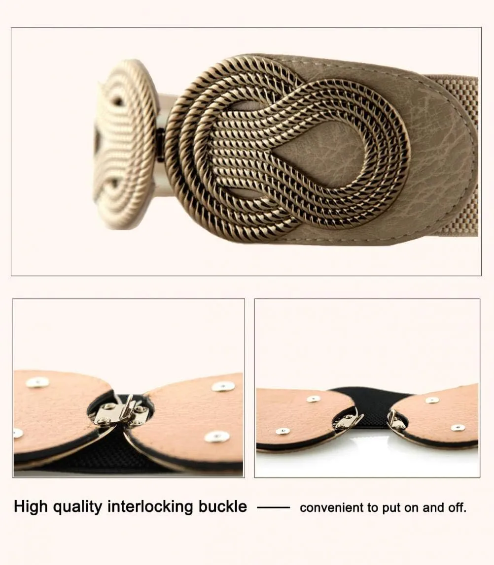 VOCHIC 2pcs Vintage Basic Stretchy Elastic Wide Waist Belt for Womens Dress Metal Interlock Buckle