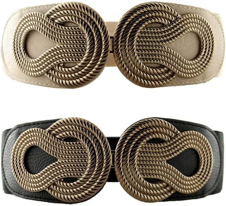 VOCHIC 2pcs Vintage Basic Stretchy Elastic Wide Waist Belt for Womens Dress Metal Interlock Buckle