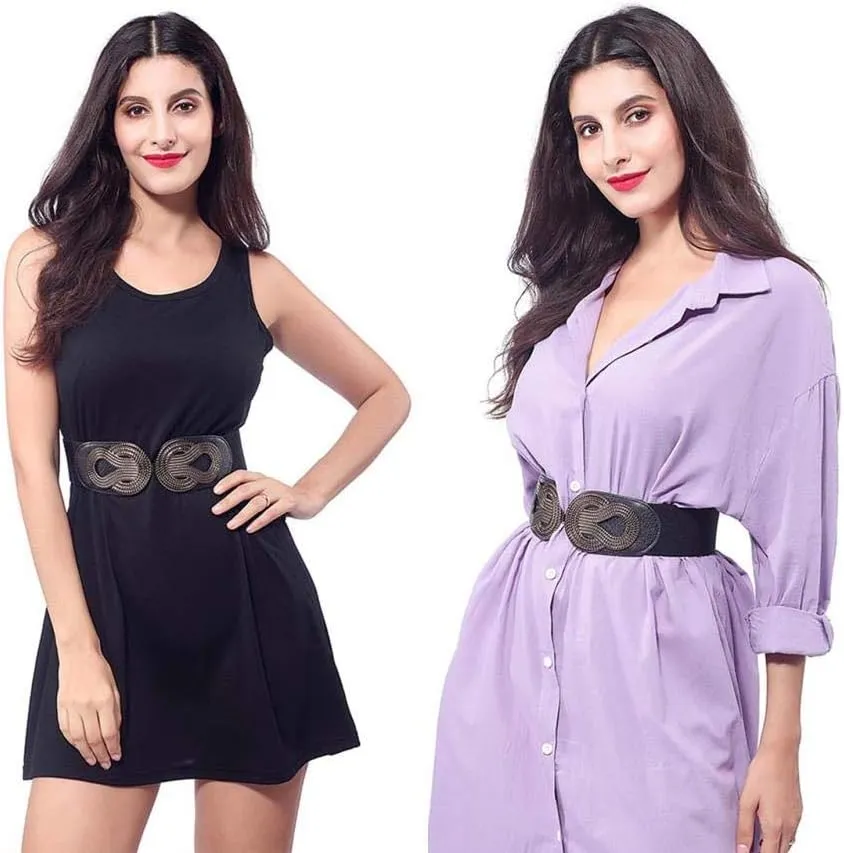 VOCHIC 2pcs Vintage Basic Stretchy Elastic Wide Waist Belt for Womens Dress Metal Interlock Buckle