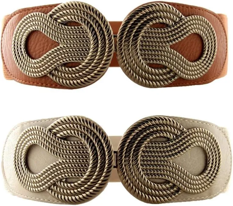 VOCHIC 2pcs Vintage Basic Stretchy Elastic Wide Waist Belt for Womens Dress Metal Interlock Buckle