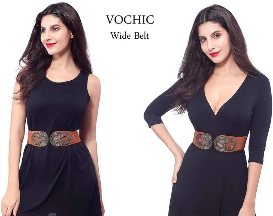 VOCHIC 2pcs Vintage Basic Stretchy Elastic Wide Waist Belt for Womens Dress Metal Interlock Buckle